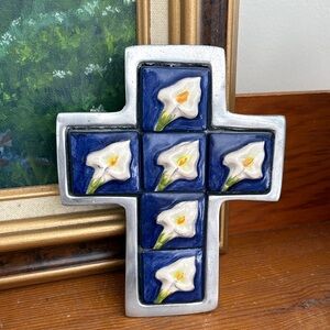 Blue Tile Cross with White Calla Lily Motifs wall hanging
